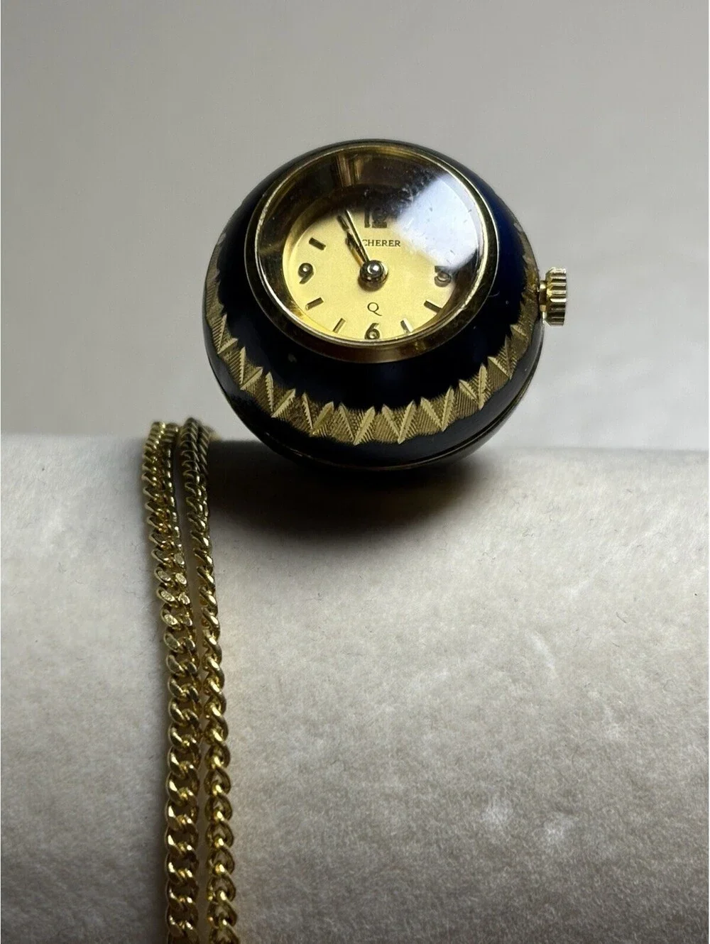 Vtg Bucherer Swiss Blue Enamel Orb Ball Pendant Watch Gold Tone Dial Running